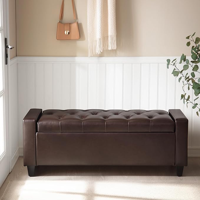 Ottoman with Storage，Storage Ottoman Bench, Faux Leather Storage Bench for Bedroom with Safety Hinge，Bedroom Benches with Seating for Living Room, Entryway (Dark Brown-PU)
