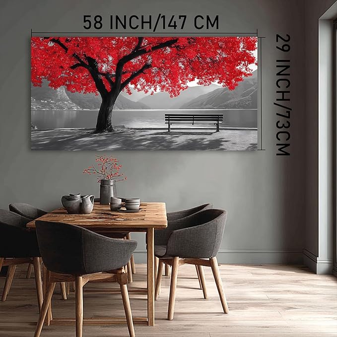 Tarfupth Black and White Red Large Tree of Life Wall Art for Living Room Mountain Artwork Landscape Lake Pictures for Bedroom Office Home Decor Modern Canvas Prints 29"x58"