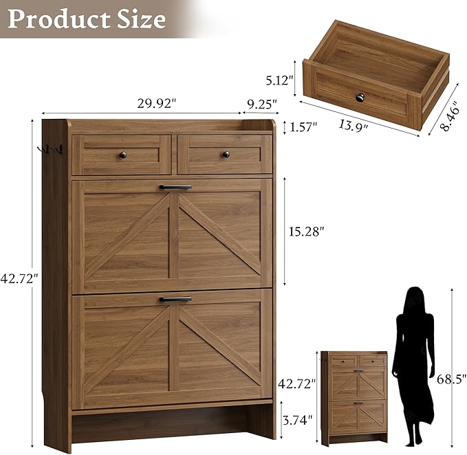 Shoe Storage Cabinet for Entryway, Farmhouse Narrow Shoe Cabinet with 2 Flip Drawers & Top Drawers, Adjustable Shelves & Hooks, Freestanding Hidden Rack Organizer for Hallway, Foyer