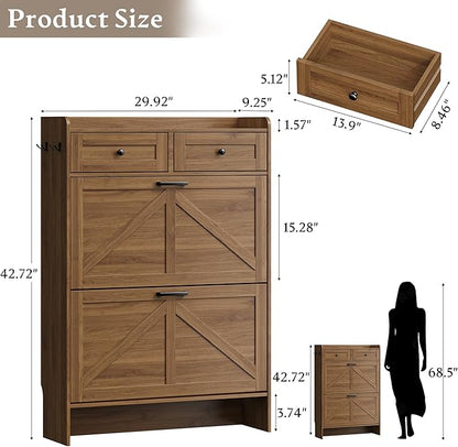 Shoe Storage Cabinet for Entryway, Farmhouse Narrow Shoe Cabinet with 2 Flip Drawers & Top Drawers, Adjustable Shelves & Hooks, Freestanding Hidden Rack Organizer for Hallway, Foyer