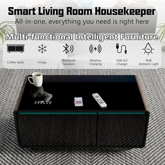 Smart Coffee Table with Fridge and Bluetooth, Smart Living Room Table with Frozen Drawers, Dual Speakers, 15W Wireless Charger, Touch Control, USB Ports, Atmosphere Light, LT90 Ultra-Brown