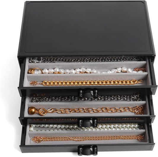 YUFONG Necklace Holder Organizer, Dustproof Necklace Box Velvet Necklace Organizer Box with Lid Clear Acrylic Dustproof Stackable Jewelry Displays for Necklaces Chain Display (Black Gray, 3 Drawer)
