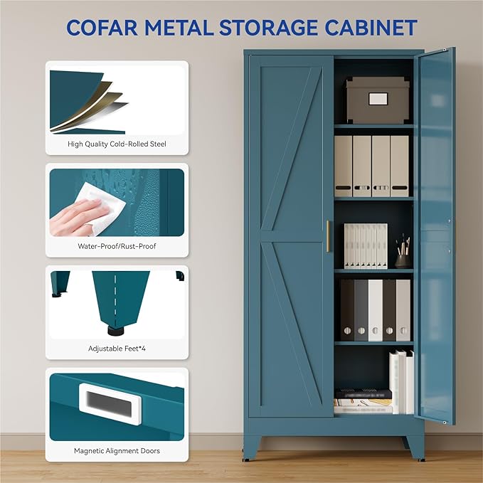 COFaR 71 in Tall Kitchen Pantry Cabinet, Metal Pantry Storage Cabinet with 4 Adjustable Shelves and 2 Barn Doors, Freestanding Farmhouse Food Cupboard for Dining Room, Peacock Blue 5-Tier