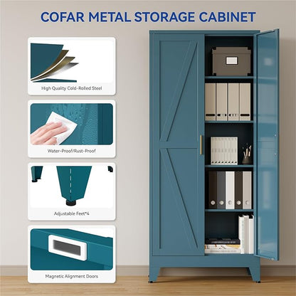 COFaR 71 in Tall Kitchen Pantry Cabinet, Metal Pantry Storage Cabinet with 4 Adjustable Shelves and 2 Barn Doors, Freestanding Farmhouse Food Cupboard for Dining Room, Peacock Blue 5-Tier