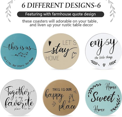 Queekay Coasters Set of 6 House Warming Gifts New Home Wooden Farmhouse Drink Coasters with Holder 4'' Funny Decoration for Kitchen Family Coffee Bar Tabletop Protection(Ocean Color)