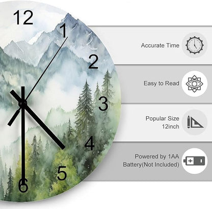 Forest Wall Clock 12 Inch Silent Non Ticking Clock Wooden, Watercolor Style Nature Woodland Green Forest Mountain Plant Wall Clock Battery Operated Kitchen Bedroom Living Room Decor