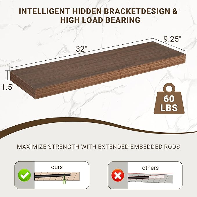 Acovy 32 Inch Floating Shelves, 3D Textured Wood Grain, 32"x9.25"x1.5" Inch Deep Floating Shelves for Wall, Wooden Shelves for Bathroom, Bedroom, Living Room, Walnut, 2 Pieces
