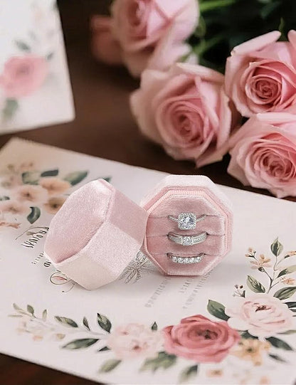 Velvet Ring Box, 3 Slots Wedding Ring Box, Vintage Octagon Premium Jewelry Display Holder Gift Box with Detachable Lid for Engagement Wedding Box Keepsake Box Bridal Photo