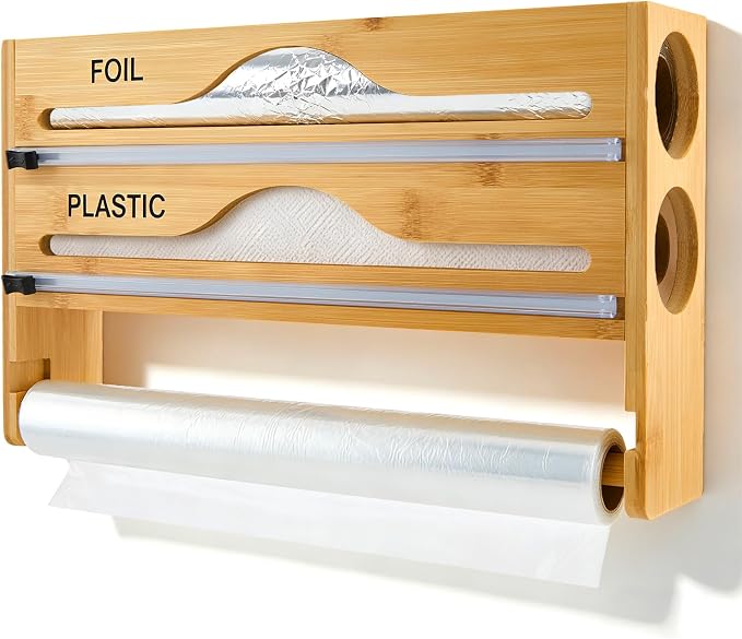 Plastic Wrap Dispenser with Cutter, 3 in 1 Tin Foil Wrap Dispenser Wall-Mounted Organizer for Baking Paper, Wax Paper Holder Kitchen Storage Box (Wood)
