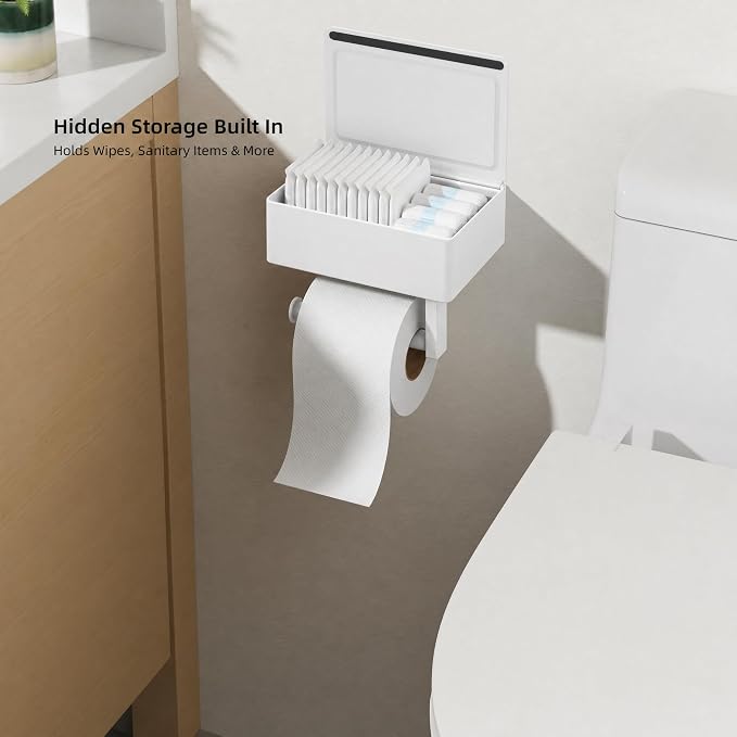 FORIOUS Toilet Paper Holder with Shelf, Sanitary Napkin Receptacle Tampon Holder, Wall Mount Toilet Paper Holder with Storage, Flushable Wipes Dispenser Fits for Bathroom Commercial(1, White)