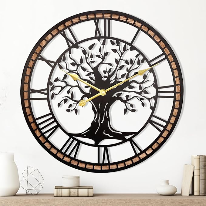 Axioglo Wall Clock,24" Large Wall Clock for Living Room Decor,Tree of Life and Wooden Frame Design,Non-Ticking Battery Operated,for Dining Room,Bedroom,Kitchen,Office Arabic Decoration