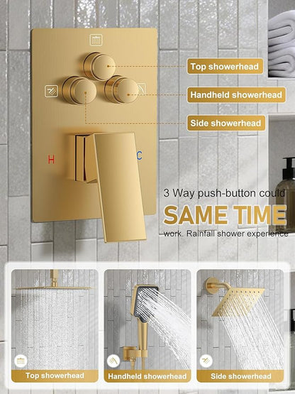 Shower Faucet Set, 10" Ceiling Mount Rainfall Shower System with 2 Rain Shower Head and Multi-function Handheld Head Push Button Diverter Shower Faucet Trim Kit Brushed Gold