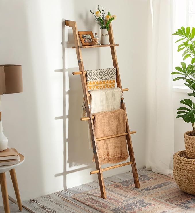 ZUNTO Blanket Ladder with Top Shelf for The Living Room - 67in Decorative Wooden Blanket Holder, 5 Tier with Side Hooks for Hanging - Rustic Farmhouse Towel Throw Ladder Rack for Organize and Display