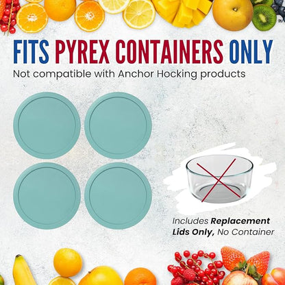 Replacement Lids fits Pyrex 4-Cup Glass Food Storage Container Bowls, 6-Inch Plastic Round Lids Covers for Pyrex 7201-PC, Airtight & Leakproof (4-Pack, Turquoise)