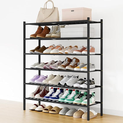 Smiry Long Bamboo Shoe Rack, 6 Tier Free Standing Wooden Shoe Organizer, Stackable Wood Shoe Storage Shelf for Closet, Entryway, 12 Vertical Slats, 2+2+2 Stack Standard Legs, 33.7"x11"x39", Black