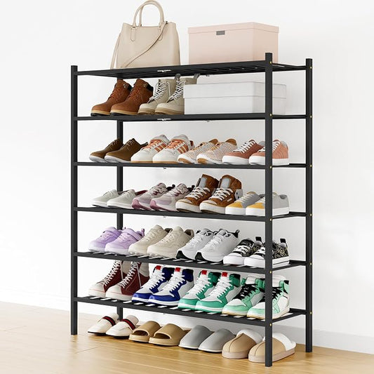 Smiry Long Bamboo Shoe Rack, 6 Tier Free Standing Wooden Shoe Organizer, Stackable Wood Shoe Storage Shelf for Closet, Entryway, 12 Vertical Slats, 2+2+2 Stack Standard Legs, 33.7"x11"x39", Black