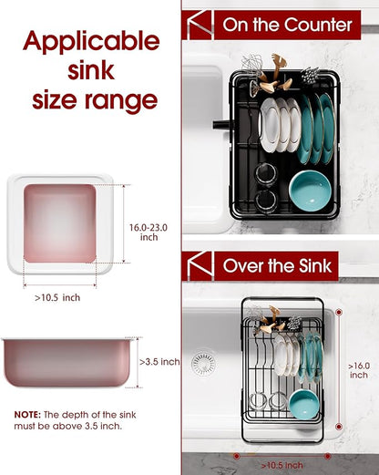 Sakugi Dish Drying Rack in Sink - Expandable Stainless Steel Dish Rack Over The Sink, Kitchen Sink Drain Strainer with Cutlery Holder & Cup Holders, 15.2 x 10.0 x 4.2 Inch, Black