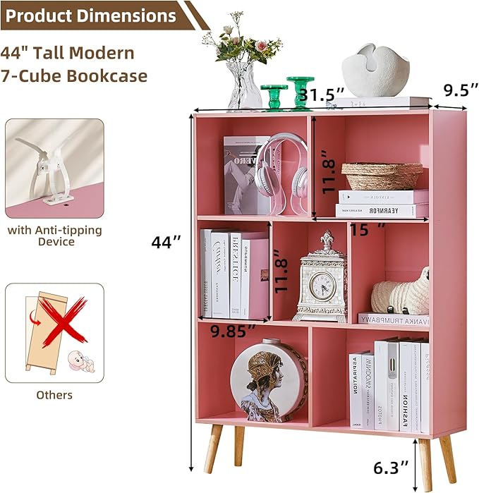 LEYAOYAO Cube Bookshelf 3 Tier Mid-Century Light Pink Modern Bookcase with Legs,Retro Wood Bookshelves Storage Organizer Shelf,Freestanding Open Book Shelves for Bedroom,Living Room,Office