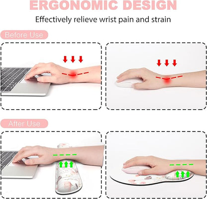 Ergonomic Mouse Pad with Wrist Rest and Keyboard Wrist Rest, Mousepad and Wrist Rest for Computer Keyboard, Non-Slip Rubber Base, Mouse Pad Wrist Support for Gaming, Office, Pink Watercolor Flower
