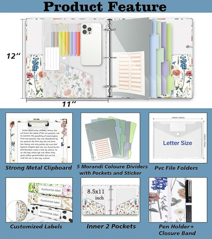 3 Ring Binder 2 Inch for 8.5"x11" Paper, Three Ring Binders with Clipboard, 5 Dividers with Tabs and Pockets, Plastic Folder, 18 Divider Stikers,Cute Binder with Pen Holder,Blue Bloom