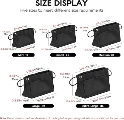 GIVLEFLY Purse Organizer Insert with Multiple Pockets, Drawstring Satin Tote Bag Organizer, Light Weight Purse Liner with Zipper Pocket Fit for Longchamp Large,Neverful and More (Black,Extra Large)