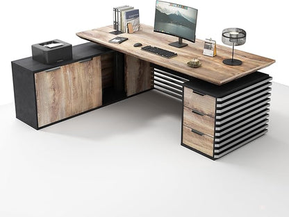 SAINTCY 78.74In L Shaped Executive Standing Desk with Drawers, Large Modern Adjustable Heigh Home Office Desk w/File Cabinet, AC/USB, Business Workstation, Black and Warm Oak