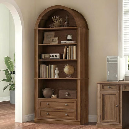 Farmhouse Arched Bookshelf, 7 Tiers Arch Bookcase with 2 Spacious Drawers, Modern Book Shelf with Open Display Shelves and Storage Cabinet, for Office, Living Room, Kitchen, Walnut