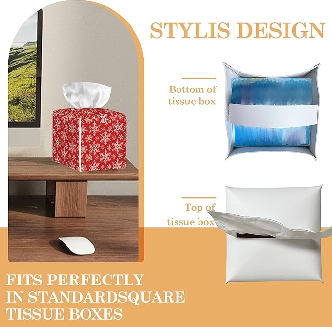 Tissue Box Cover Holder, Christmas Red Plaid Square with Bottom Belt by PU Leather Decorative Organizer for Tabletop, Bathroom, Car, Office