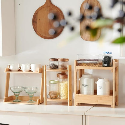 GOBAM Bamboo Makeup & Countertop Organizer, Large - 2 Layer Cosmetics, Lipsticks, Jewelry, Brushes, Hair Accessories & Perfume Organizer for Dresser, Easy Assembly - Natural