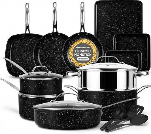 Granitestone Ceraluxe 20 Pc Ceramic Cookware Set Nonstick, Complete Pots and Pans Set Non Stick for Kitchen with Bakeware, Utensils & Steamer, Non Toxic Made Without PFOA PFOS, Oven & Dishwasher Safe
