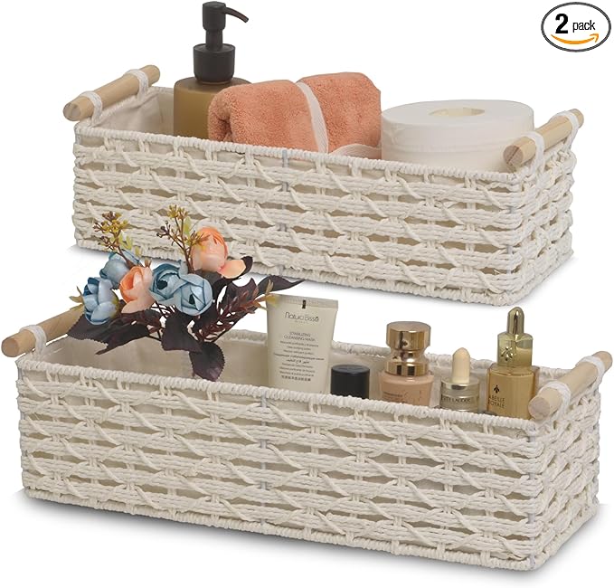 Toilet Paper Baskets for Organizing[2 pack],Paper Rope Wicker Storage Basket with Handle, Bathroom Basket for Bedroom, Nursery, Living Room.(white)
