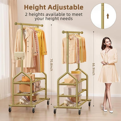 EAGMAK Heavy Duty Clothes Rack Load 688 LBS, Rolling Clothing Rack With 3 Shelves, Adjustable Metal Clothes Hanger with Wheels Portable Wardrobe Organizer Garment Rod for Hanging Clothes (Gold)
