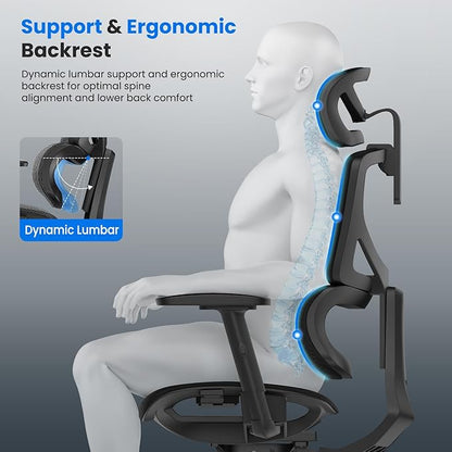 OdinLake L1 Ergo Upgrade 518 Black Ergonomic Mesh Office Chair – Big & Tall 350lbs, Dynamic Lumbar Support, Adjustable Height, Seat Depth, Headrest, Armrests, BIFMA Certified Desk Chair
