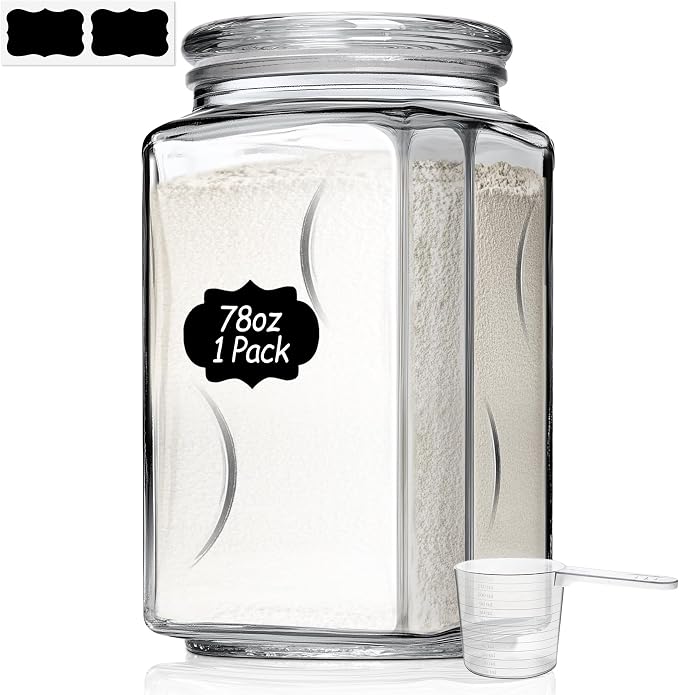 ComSaf 78oz Large Glass Storage Container with Airtight Lid, Thick Square Flour and Sugar Jar for Pantry Organization, Wide Mouth Glass Canister for Rice, Pasta, Cereal, Laundry Detergent