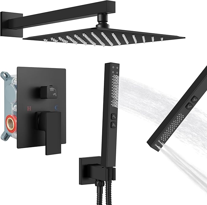 Shower Faucet Set Rainfall Shower System with Square Showerhead and Handle Set Fixture with 2 in 1 Function Handheld Sprayer Wall Mounted Trim Repair Kit Rough-in Valve 12 Inch Matte Black