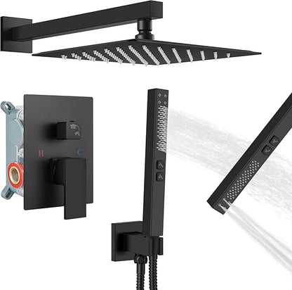 Shower Faucet Set Rainfall Shower System with Square Showerhead and Handle Set Fixture with 2 in 1 Function Handheld Sprayer Wall Mounted Trim Repair Kit Rough-in Valve 12 Inch Matte Black