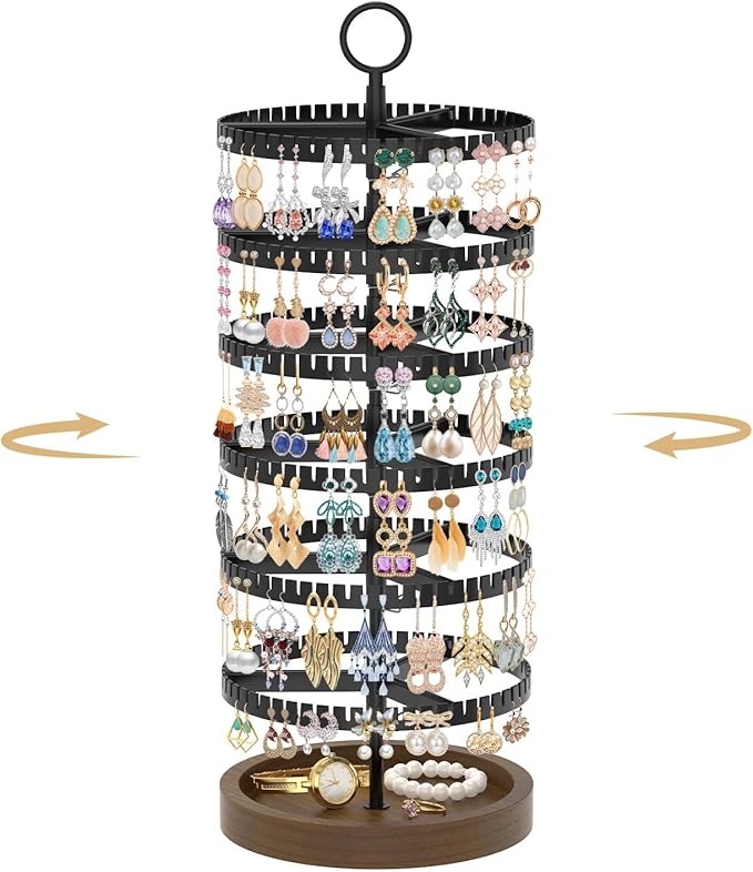 MODOWEY 6 Tier Rotating Earring Holder Organizer Display Tree with Wooden Tray, Adjustable Plastic Stand with 342 Slots for Stud Hoop Hanger, Large Capacity Storage Rack for Women Space Saving, Black