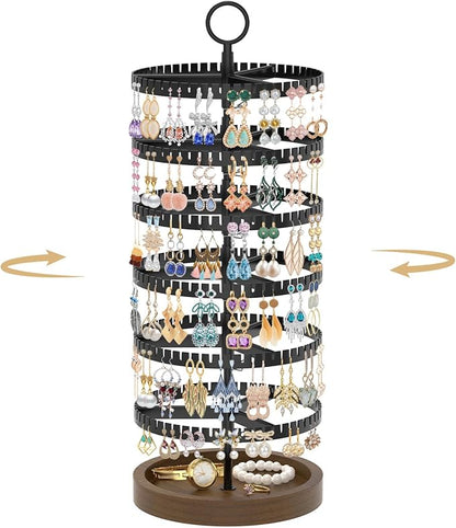 MODOWEY 6 Tier Rotating Earring Holder Organizer Display Tree with Wooden Tray, Adjustable Plastic Stand with 342 Slots for Stud Hoop Hanger, Large Capacity Storage Rack for Women Space Saving, Black