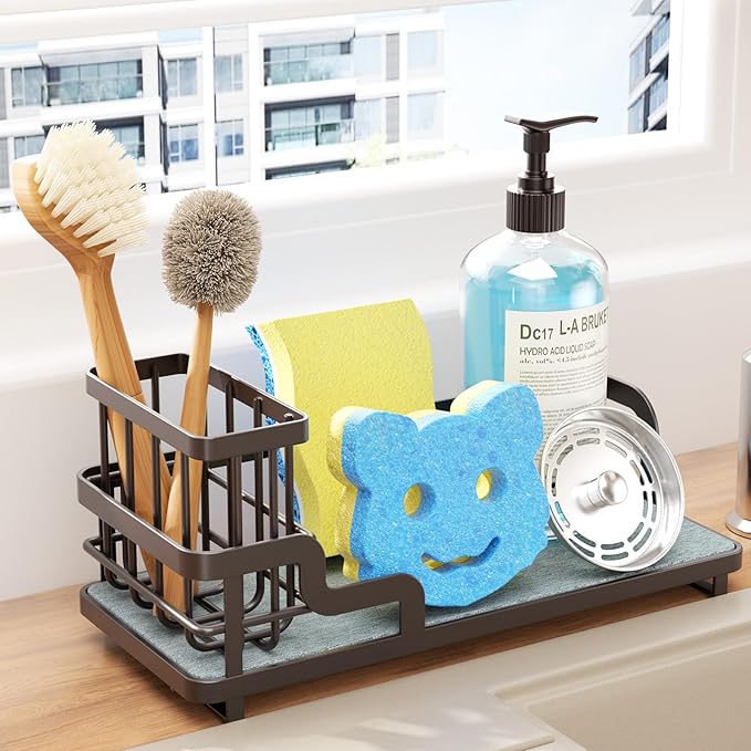 Consumest Sponge Holder for Kitchen Sink - Sink Caddy Organizer with Water Absorbing Stone Tray, Detachable Brush Holder, Stainless Steel Kitchen Counter Organizer Rack, Bronze