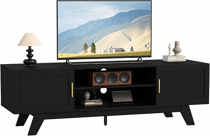 ChooChoo 59.5" Fluted TV Stands for 65 Inch TV, Mid Century Modern Entertainment Center with Storage and Adjustable Shelf, Long TV Console Media Table for Living Room, Bedroom, Black