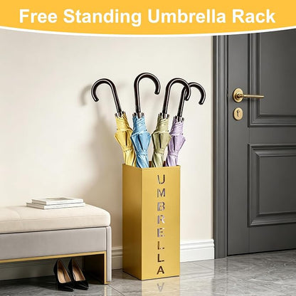 Gold Metal Umbrella Holder, Square Freestanding Umbrella Rack Stand Storage Bucket for Indoor Entryway, Home, Office and Hotel, 16.26 x 6.46 x 6.46 Inch