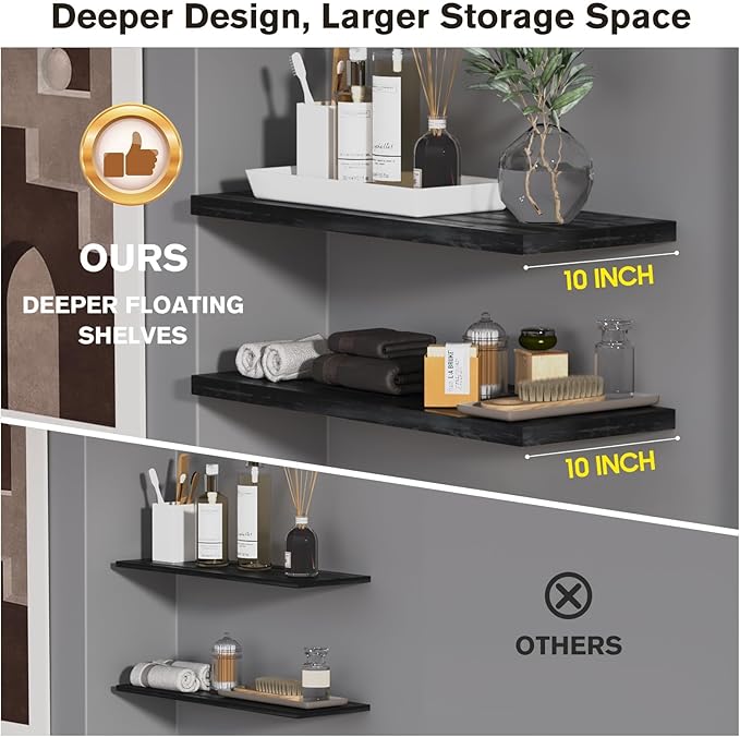JPND Wall Shelf Set of 2,Dark Wood Floating Shelves 36 in W x 10 in D x 1 in H, Wooden Floating Wall Shelf with Invisible Brackets for Living Room/Bedroom/Bathroom/Kitchen Storage and Decor