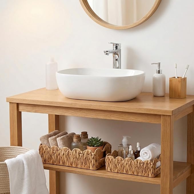 3 Pack Water Hyacinth Toilet Paper Basket for Organizing Scalloped Edge Wicker Basket with Handles Toilet Tank Paper Holder Storage for Bathroom Bedroom Countertop Shelf Decor(Natural Color)