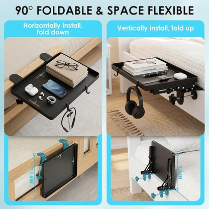 Bedside Shelf Foldable, Heavy Duty Bed Shelf for Dorm Room Bunk Bed & Top Bunk, Metal Clip-On Bedside Table Tray for College Dorm Room Essentials Loft Nightstand Organizer Tray with 3 Cord Hole