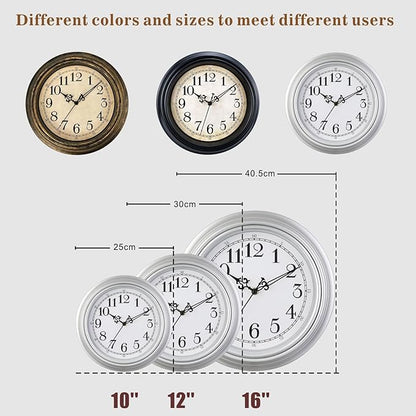Plumeet Retro Wall Clock, 12'' Non Ticking Classic Silent Vintage Wall Clocks Decorative Kitchen Living Room Bedroom - Battery Operated, Silver
