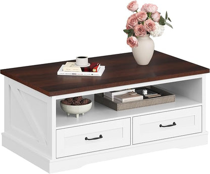 WLIVE Coffee Table for Living Room, 43" Framhouse Coffee Table with 2 Storage Drawers, Modern Center Table with Open Display Area, Elegant Curved Base, White