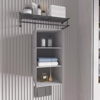 Hanging Closet Organizer 3-Shelf, Oxford Linen Wardrobe Storage, Gray | Easy-mount foldable design holds clothes, handbags, shoes & accessories; washable Oxford fabric, sturdy and space-saving.