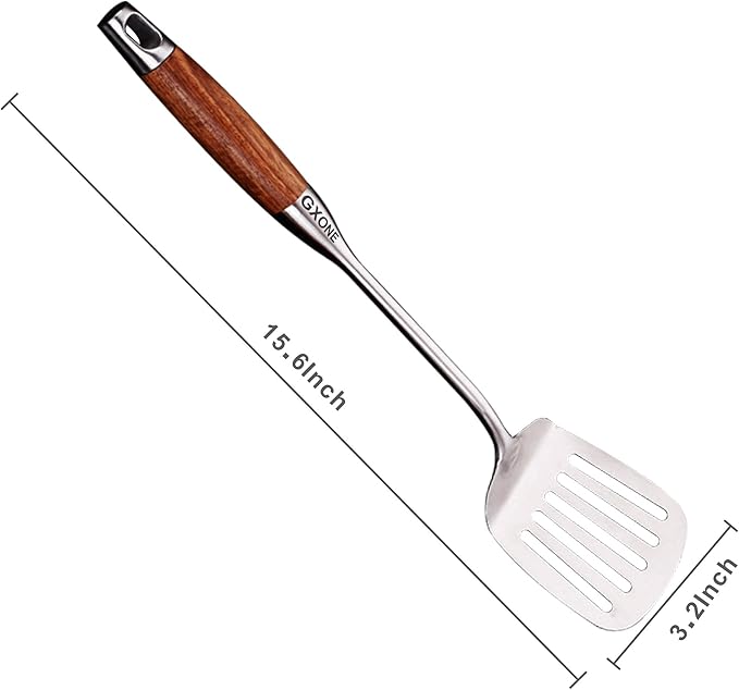 GXONE Metal Spatula,304 Stainless Steel Wok Spatula with Heat Resistant Wooden Handle,Silver/15.7Inch