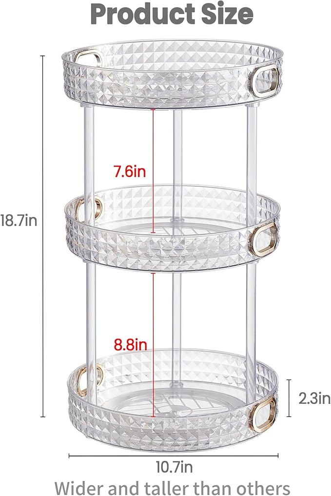 360 Rotating Makeup Organizer for Vanity, 3 Tier Diamond Pattern Perfume Organizer for Women, Large Capacity Skincare Lotion Cosmetic Organizer, Bathroom Countertop Makeup Holder, Clear