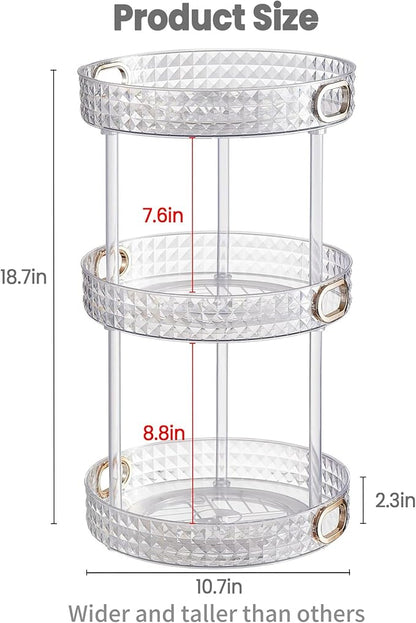 360 Rotating Makeup Organizer for Vanity, 3 Tier Diamond Pattern Perfume Organizer for Women, Large Capacity Skincare Lotion Cosmetic Organizer, Bathroom Countertop Makeup Holder, Clear